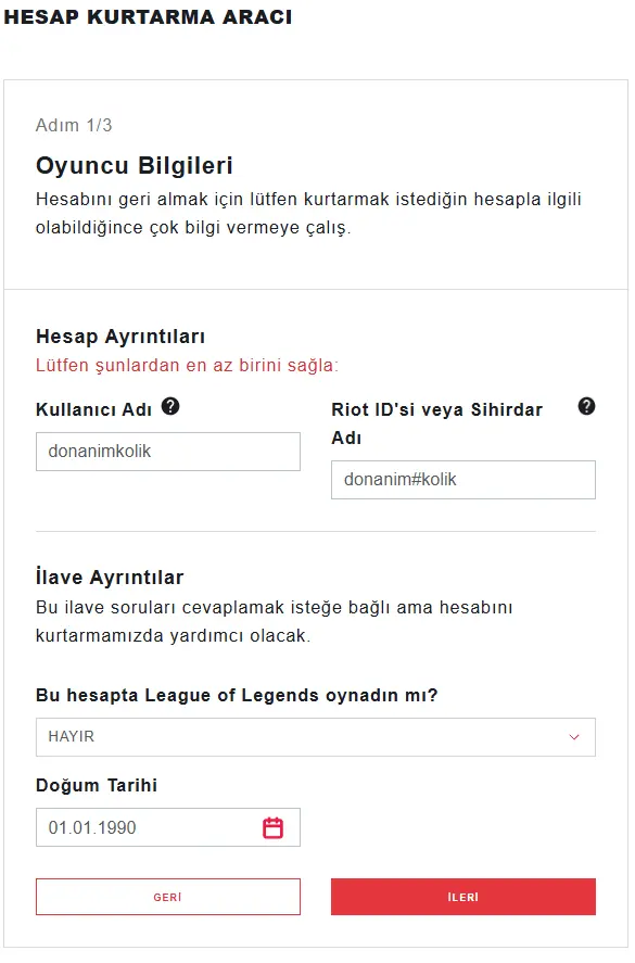 Valorant Hesap Kurtarma Aracı Formu